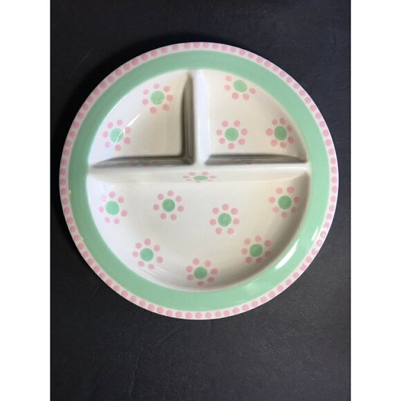 M. Bagwell Childs Plate & Cup Set Baby Dots Divided Dish Ceramic Flowers Pink - Picture 4 of 6